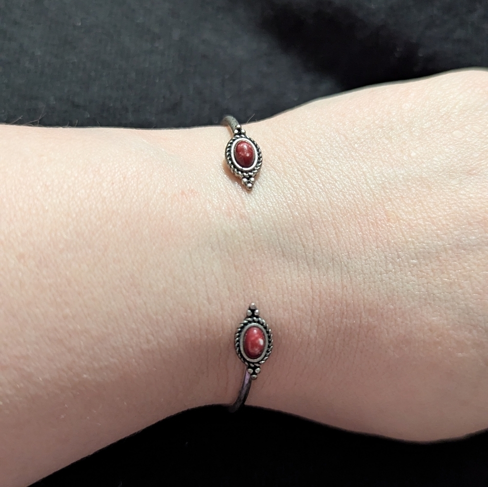 Silver Tone Red Oval Cuff Bangle Statement Bracelet